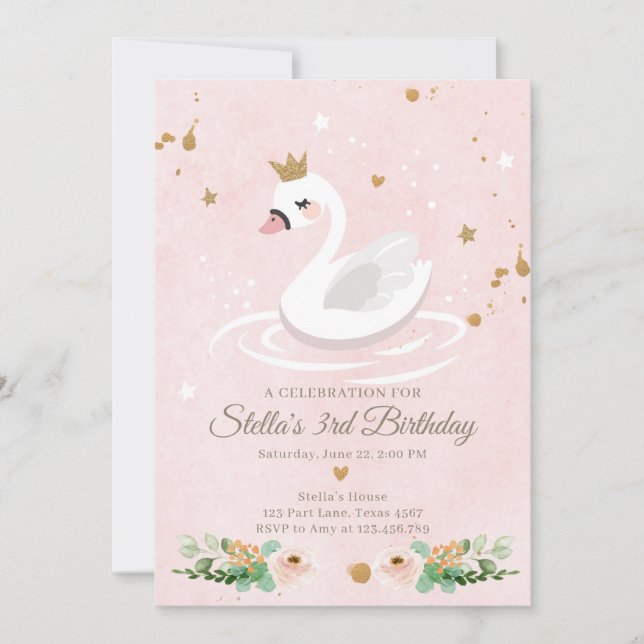 Convites Swan Birthday Invitation Girl Princesa Rosa Dourad (Frente)
