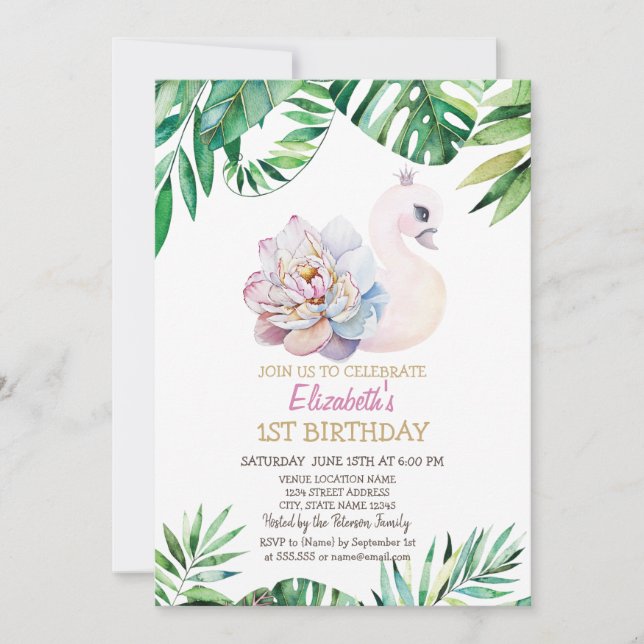 Convites Swan De Bebê De Aquarela,Folha De primeiro anivers (Frente)