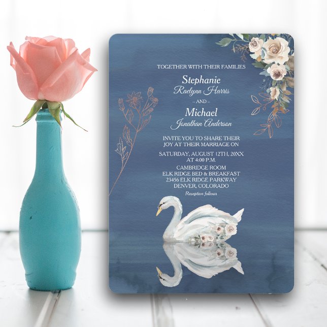 Convites Swan Floral Branco sobre Casamento Azul (Criador carregado)