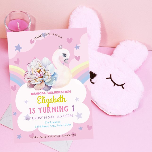 Convites Swan Flower Crown Rainbow Hearts Stars Aniversário (Criador carregado)