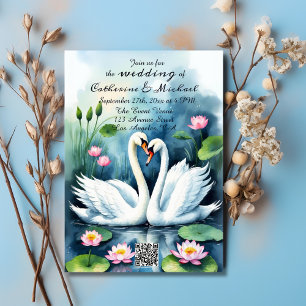 Convites Swan In Love Watercolor Lotus Pond Código QR Casam