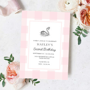 Convites Swan Pink Gingham Birthday