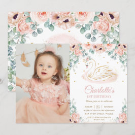 Convites Swan Princess Blush Pink Floral primeiro aniversar
