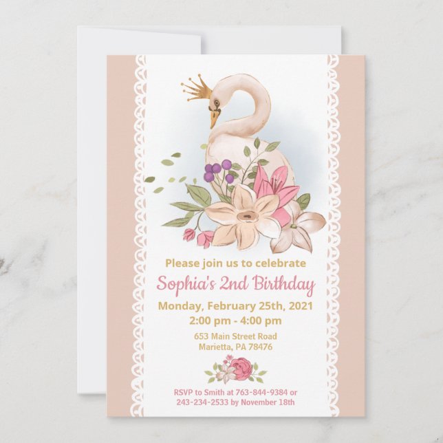 Convites Swan Princess Festa de aniversário (Frente)