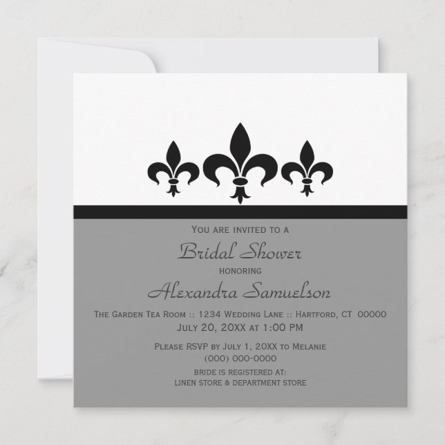 Convites Swanky Fleur De Lis Chá de panela Invite, Cinza (Frente)