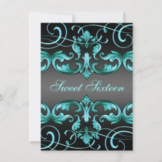 Convites Sweet16 Black/Blue Damask & Tiara Birthday Convida