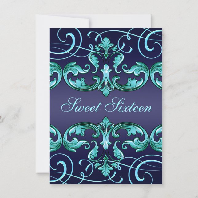Convites Sweet16 Blue Damask & Tiara Birthday Invite (Frente)