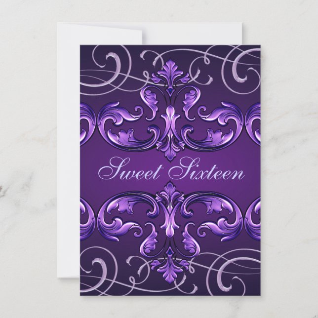 Convites Sweet16 Dark Purple Damask & Tiara Birthday Invite (Frente)