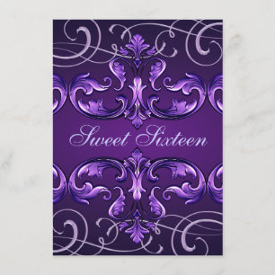 Convites Sweet16 Dark Purple Damask & Tiara Birthday Invite