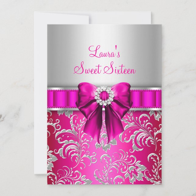 Convites Sweet 16 Arco Rosa e Florais Prateados (Frente)