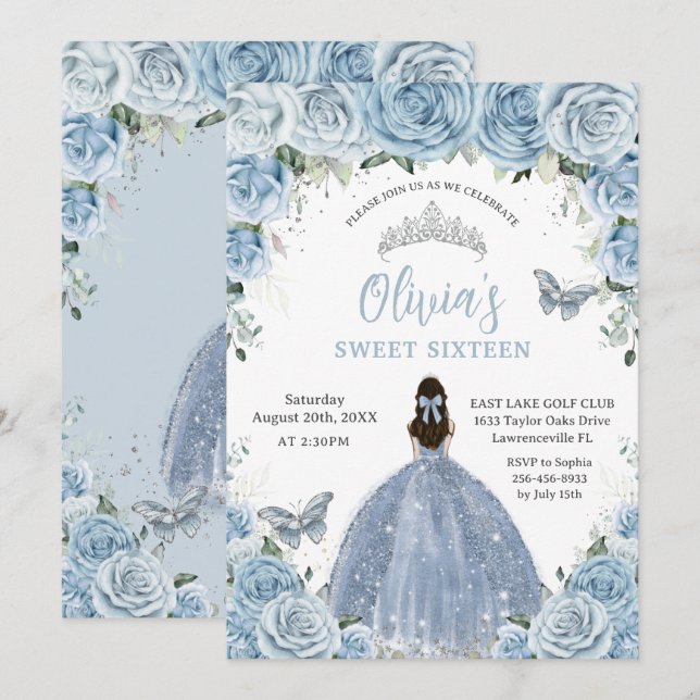 Convites Sweet 16 Birthday Blue Floral Silver Butterfly (Frente/Verso)