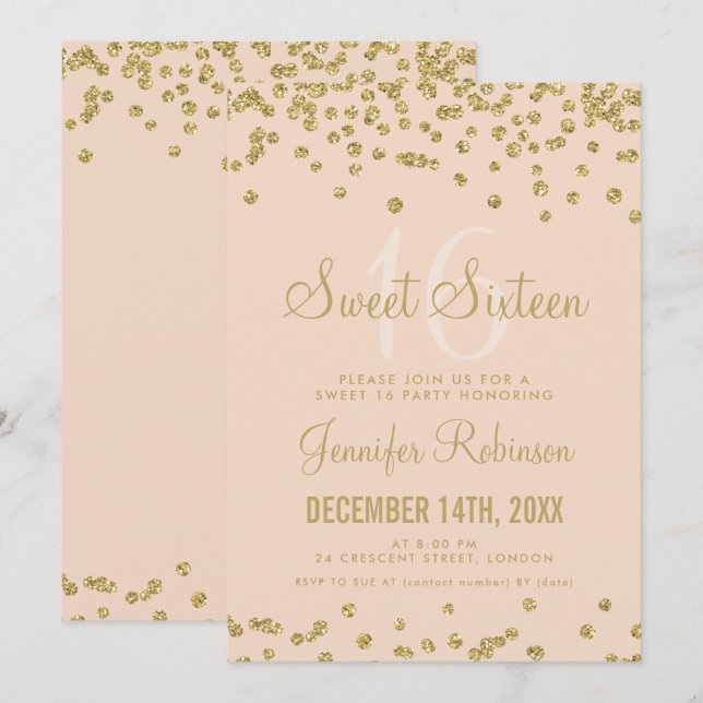 Convites Sweet 16 Birthday Dourado Blush Confetti (Frente/Verso)