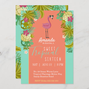 Convites Sweet 16 Birthday Flamingo Luau Palm Tree Beach