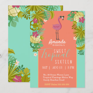 Convites Sweet 16 Birthday Flamingo Luau Palm Tree Beach