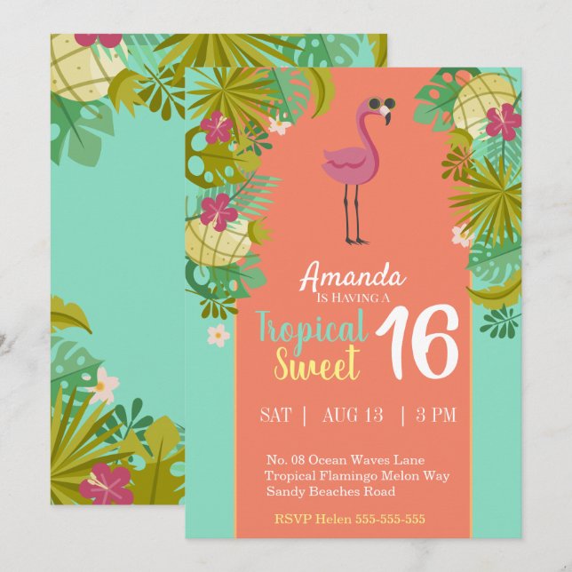 Convites Sweet 16 Birthday Flamingo Luau Palm Tree Beach (Frente/Verso)