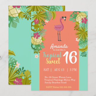 Convites Sweet 16 Birthday Flamingo Luau Palm Tree Beach