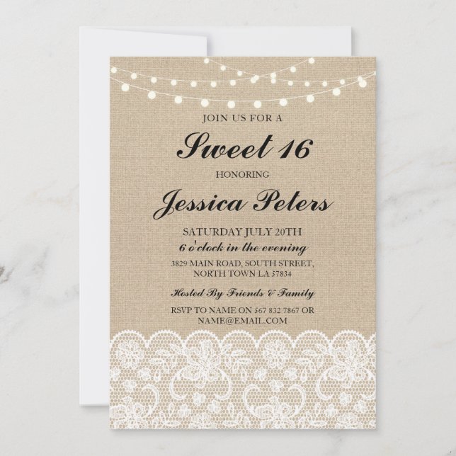 Convites Sweet 16 Birthday Lights Rustic Burlap Lace Invite (Frente)
