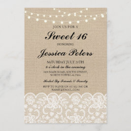 Convites Sweet 16 Birthday Lights Rustic Burlap Lace Invite