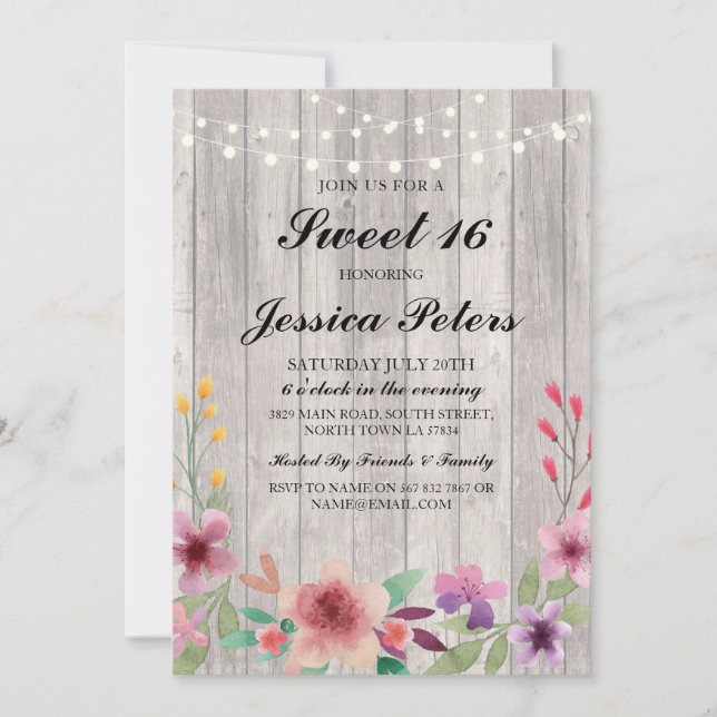 Convites Sweet 16 Birthday Lights Rustic Wood Floral Invite (Frente)