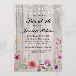 Convites Sweet 16 Birthday Lights Rustic Wood Floral Invite