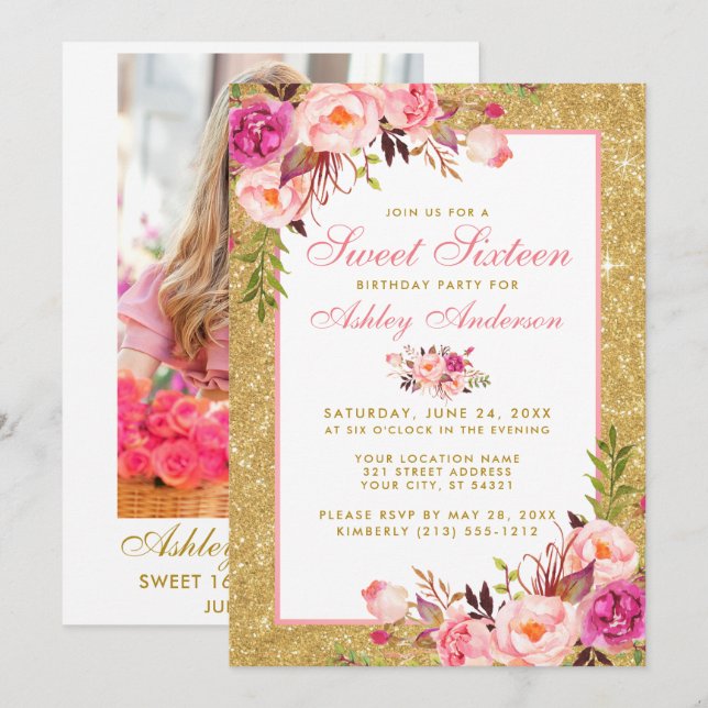 Convites Sweet 16 Birthday Pink Dourado Invite - Foto de vo (Frente/Verso)