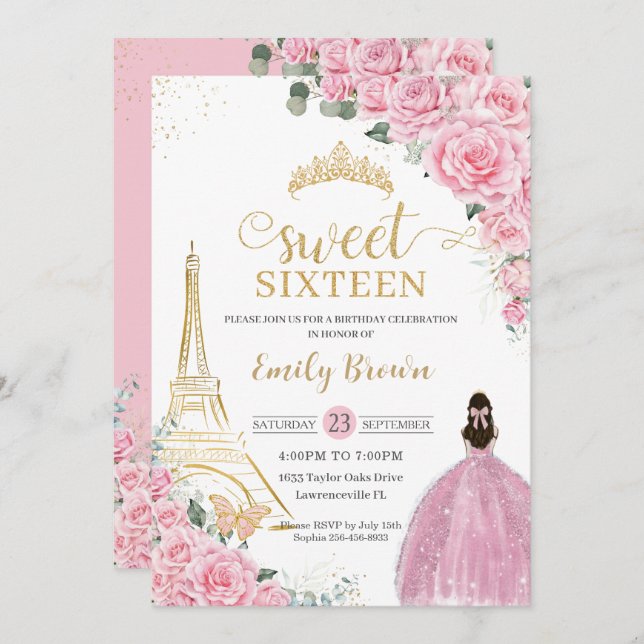 Convites Sweet 16 Birthday Pink Floral Paris Eiffel Dourado (Frente/Verso)