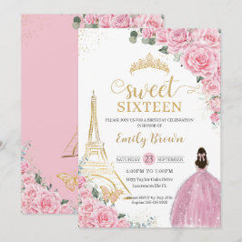 Convites Sweet 16 Birthday Pink Floral Paris Eiffel Dourado