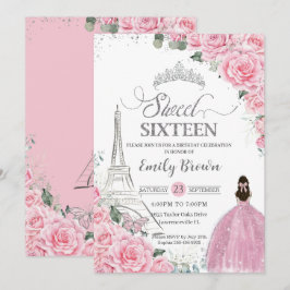 Convites Sweet 16 Birthday Pink Floral Paris Eiffel Silver