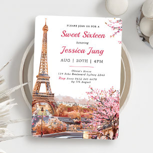 Convites Sweet 16 Birthday Pink Floral Paris Eiffel Tower