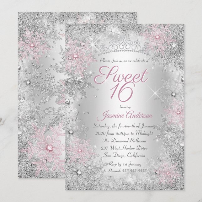 Convites Sweet 16 Birthday Pink Silver Winter Wonderland (Frente/Verso)