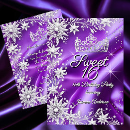 Convites Sweet 16 Birthday Purple Silver Winter Wonderland