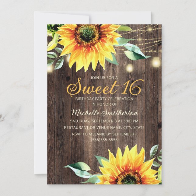 Convites Sweet 16 Birthday Rustic Sunflower String Lights (Frente)
