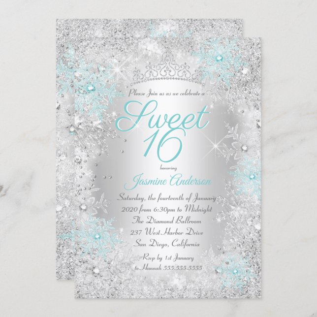 Convites Sweet 16 Birthday Teal Silver Winter Wonderland (Frente/Verso)
