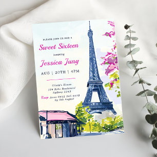 Convites Sweet 16 Birthday Watercolor Torre Floral Eiffel