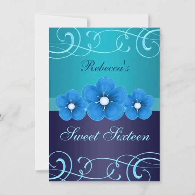 Convites Sweet 16 Blue Flower & Tiara Birthday Invite (Frente)