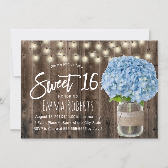 Convites Sweet 16 Blue Hydrangea Floral Jar Rustic Wood (Frente)