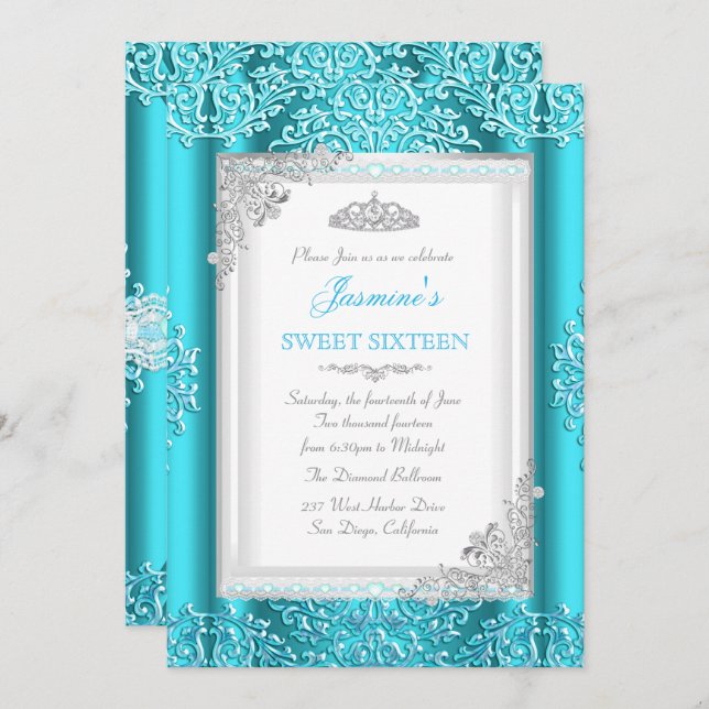 Convites Sweet 16 Blue Teal Silver Lace Damask Tiara (Frente/Verso)