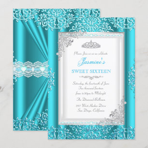 Convites Sweet 16 Blue Teal Silver Lace Damask Tiara