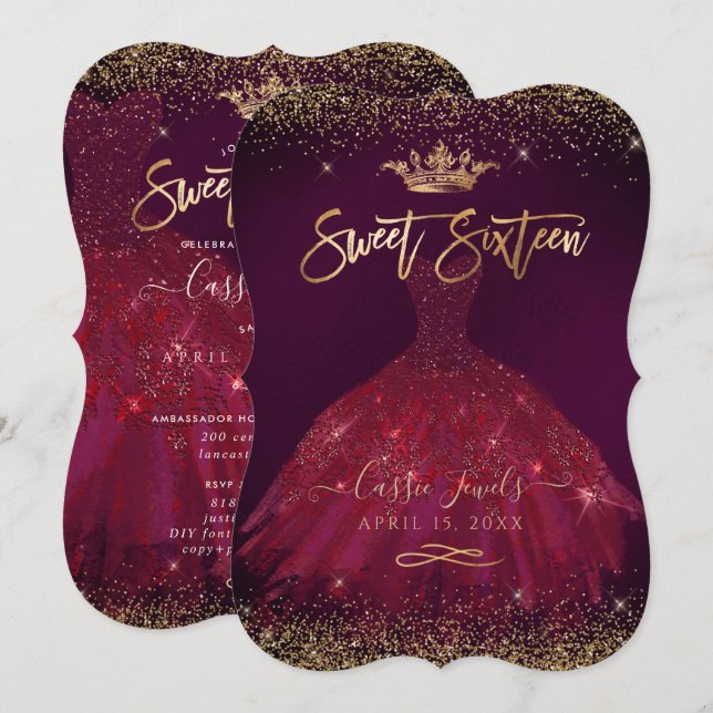 Convites Sweet 16 Burgundy Dourada Confetti+Princesa Coroa (Frente/Verso)