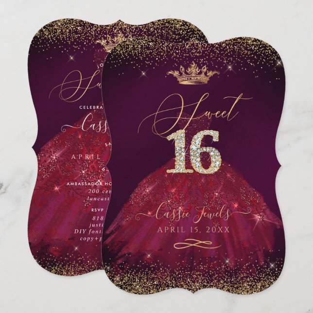 Convites Sweet 16 Burgundy Dourada Confetti+Princesa Coroa (Frente/Verso)
