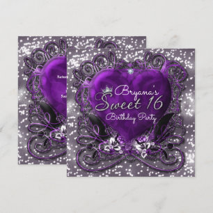 Convites Sweet 16 Coração Roxo e Prata Brilhante