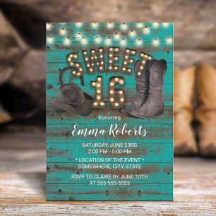 Convites Sweet 16 Cowgirl Rustic Teal Barn Wood Ocidental
