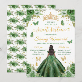 Convites Sweet 16 Dark Green Princess African American Girl