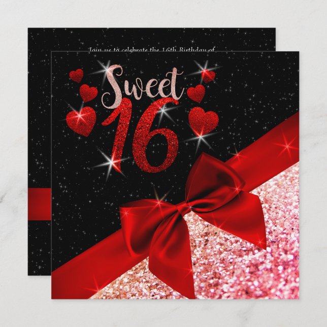 Convites Sweet 16 de Glittery Black e Red (Frente/Verso)