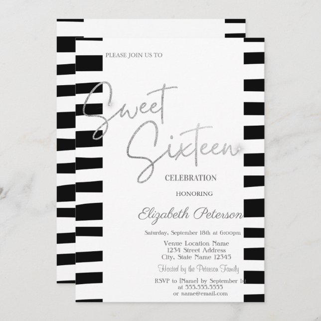 Convites Sweet 16 de Script Prateado Striped Preta (Frente/Verso)