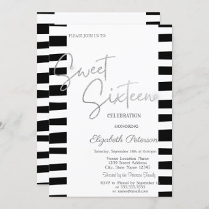 Convites Sweet 16 de Script Prateado Striped Preta