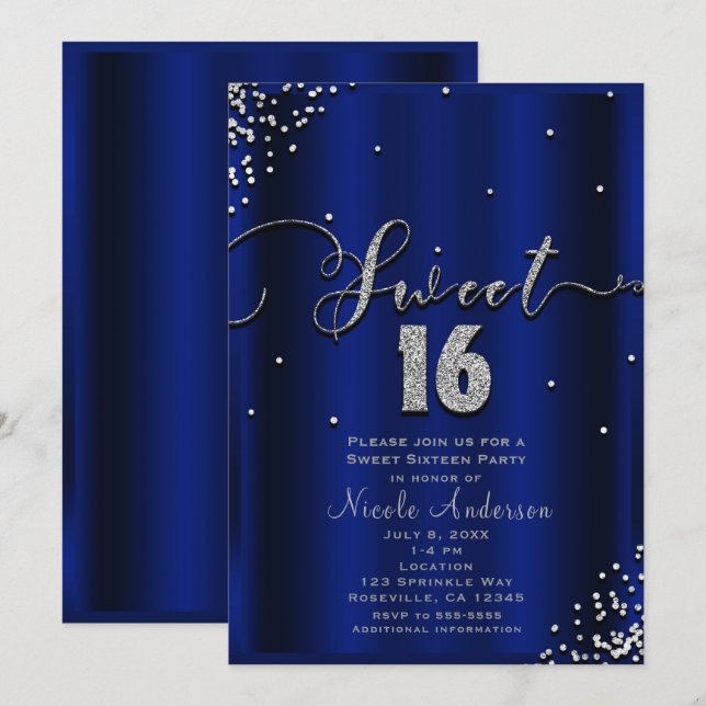 Convites SWEET 16 Dezesseis Azul Royal Confete Canto Prata (Frente/Verso)
