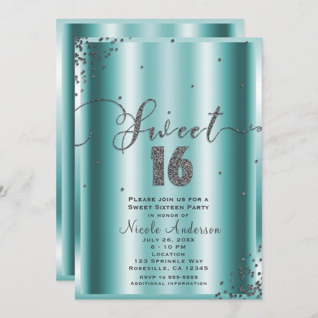 Convites SWEET 16 Dezesseis cantos Aqua & Silver Confetti (Frente/Verso)