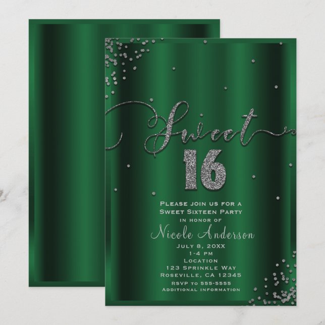 Convites SWEET 16 Dezesseis Cantos de Confete Esmeralda e P (Frente/Verso)