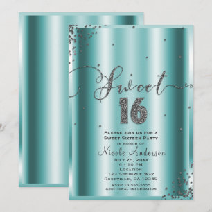 Convites SWEET 16 Dezesseis Cantos de Confetes Aqua e Prata